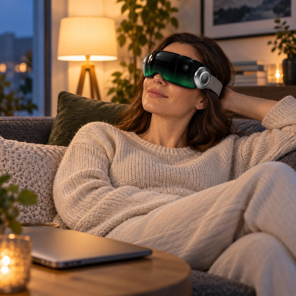 Dospělá žena používá budoucí koncept relaxační masky PEMF Impuls G1-MAX