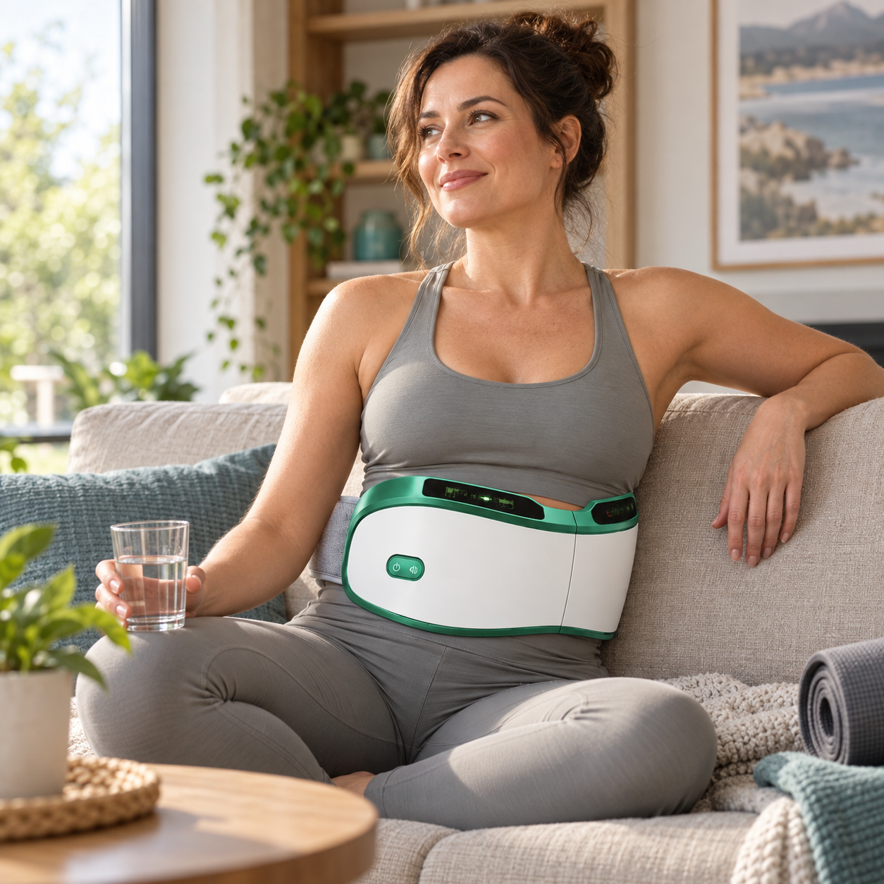 Dospělá žena používá nositelný wellness pás PEMF Impuls Shaken Massager pro aktivní den